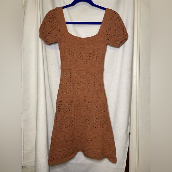 Sweet Lovely by Jen Copper Rust Crochet Short Sleeve Dress w/ Lining Size Small - Picture 2 of 14